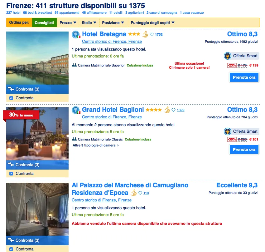 Pagina di ricerca su Booking.com per hotel a Firenze con diverse opzioni di alloggio.