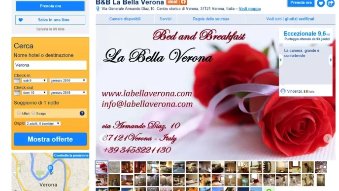 Pagina di un B&B su Booking.com con foto, descrizione e recensioni degli ospiti.