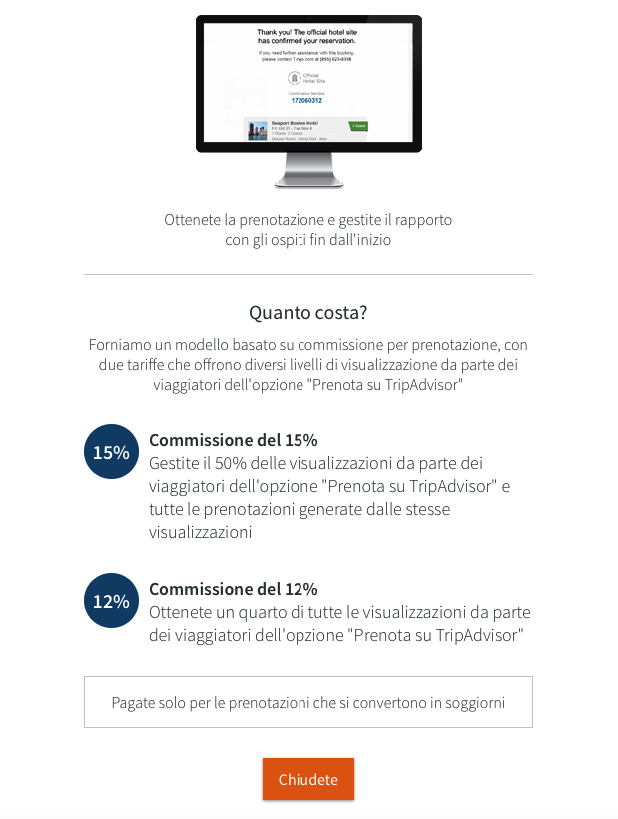 Spiegazione dei costi di commissione di TripConnect di TripAdvisor per le prenotazioni dirette, con tariffe del 15% e 12%