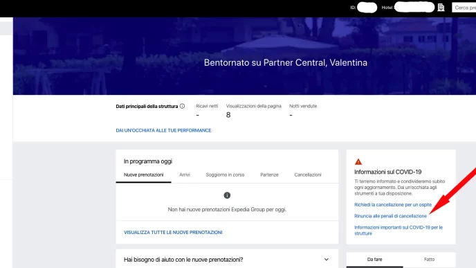 Schermata della sezione "Rinuncia alla penale di cancellazione pre-approvata" su Expedia Group Partner Central