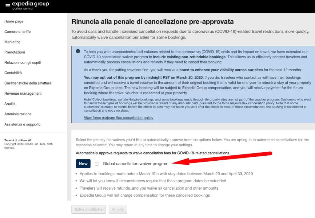 Schermata della sezione "Rinuncia alla penale di cancellazione pre-approvata" su Expedia Group Partner Central