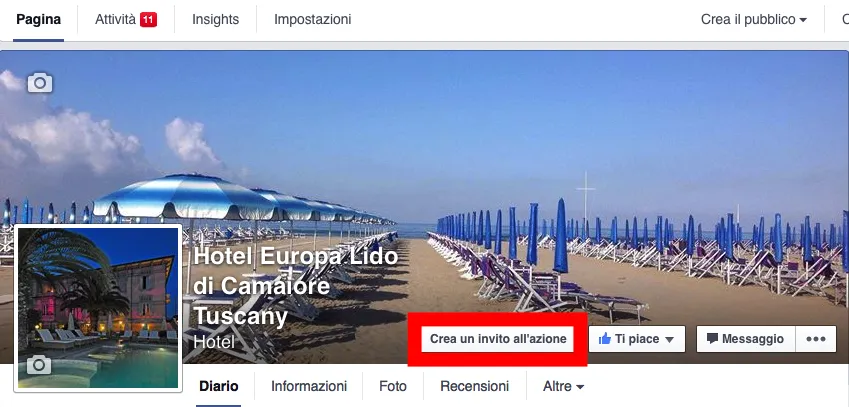 Schermata Facebook con opzione "Crea un invito all'azione" evidenziata.