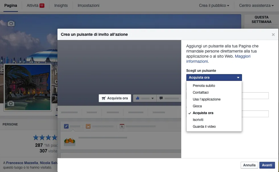 Schermata di creazione di un pulsante di invito all'azione su Facebook.