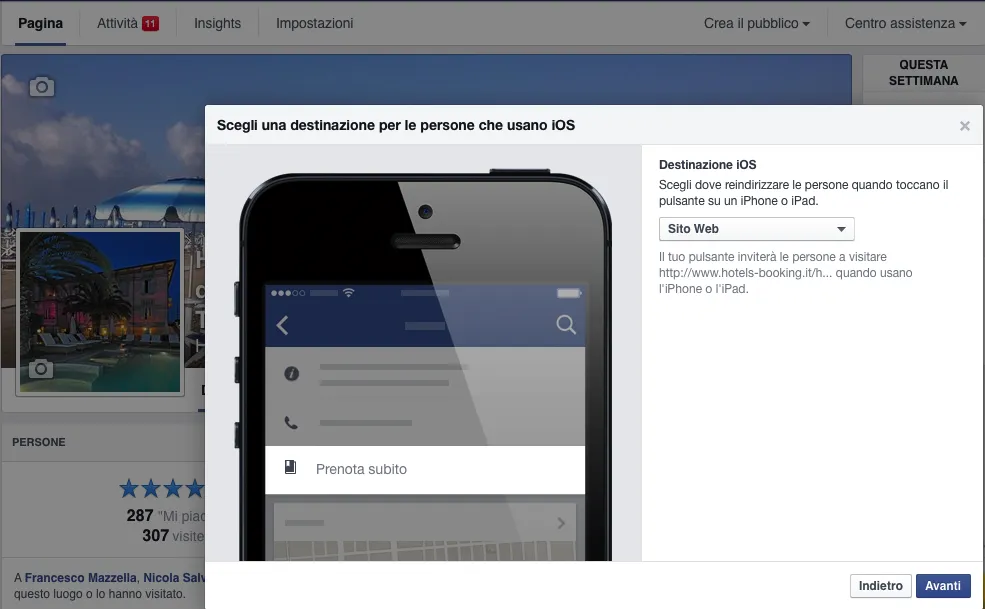 Schermata Facebook per scegliere una destinazione per utenti iOS.