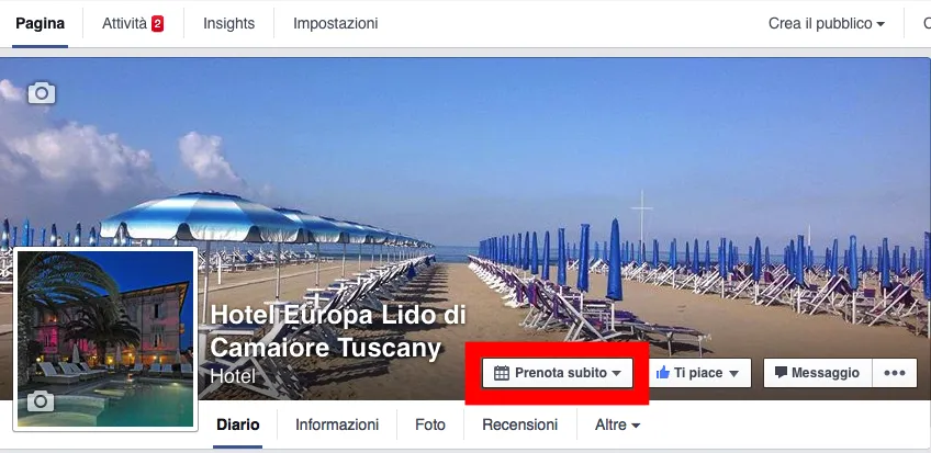 Pagina Facebook con pulsante "Prenota subito" evidenziato.