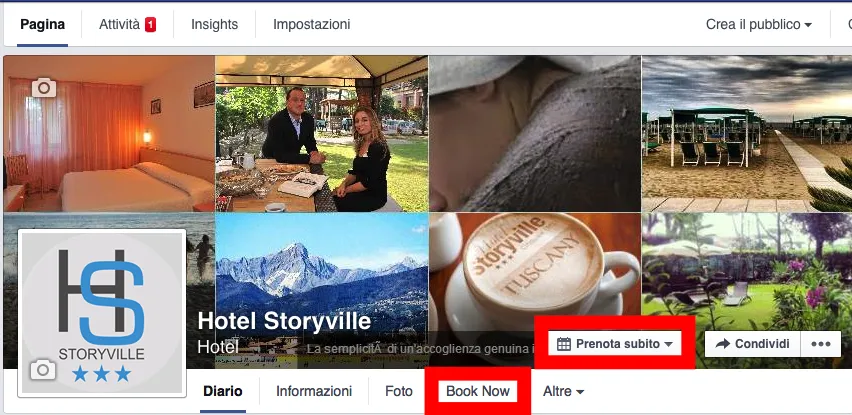 Pagina Facebook di un hotel con pulsante "Prenota subito" evidenziato.