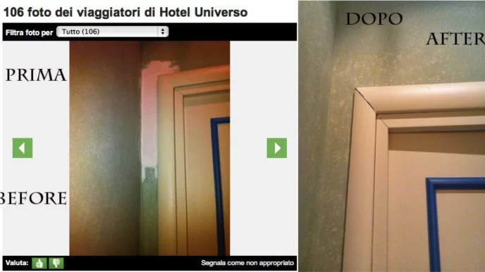 Prima e dopo del restauro di una porta in un hotel