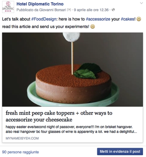 Post su Facebook dell'Hotel Diplomatic Torino su come decorare le torte, con immagine di una cheesecake con decorazione di menta.