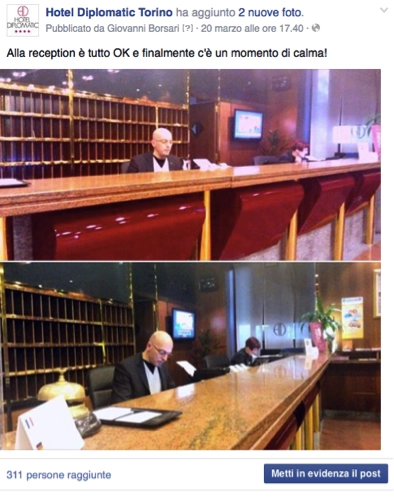 Post su Facebook dell'Hotel Diplomatic Torino con foto della reception dell'hotel e personale durante un momento di calma.