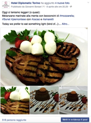 Post su Facebook dell'Hotel Diplomatic Torino che mostra melanzane grigliate con mozzarella, bunet piemontese con cacao e amaretti.