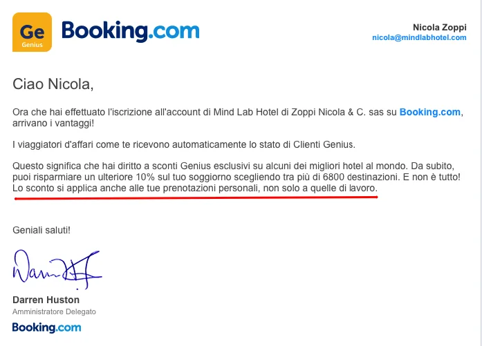  Email di benvenuto a Nicola Zoppi con informazioni sui vantaggi del programma Genius di Booking.com.