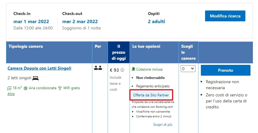 Schermata di prenotazione per una Camera Doppia con Letti Singoli, con un totale di € 93 per una notte.
