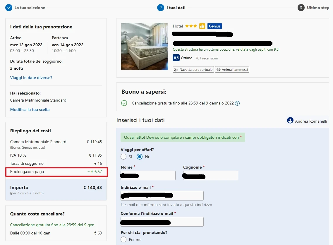 Schermata di prenotazione per una Camera Matrimoniale Standard, con un totale di € 140,57 per due notti