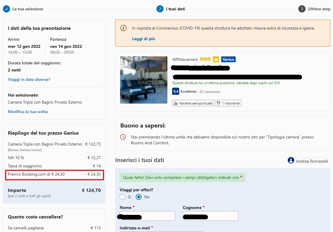  Schermata di prenotazione per una Camera Tripla con Bagno Privato Esterno, con un totale di € 124,70 per due notti.