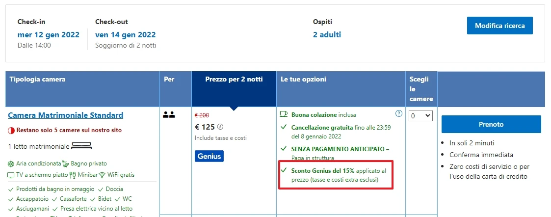 Pagina di selezione della camera con sconto Genius del 15%, prezzo per 2 notti e opzioni di cancellazione gratuita.