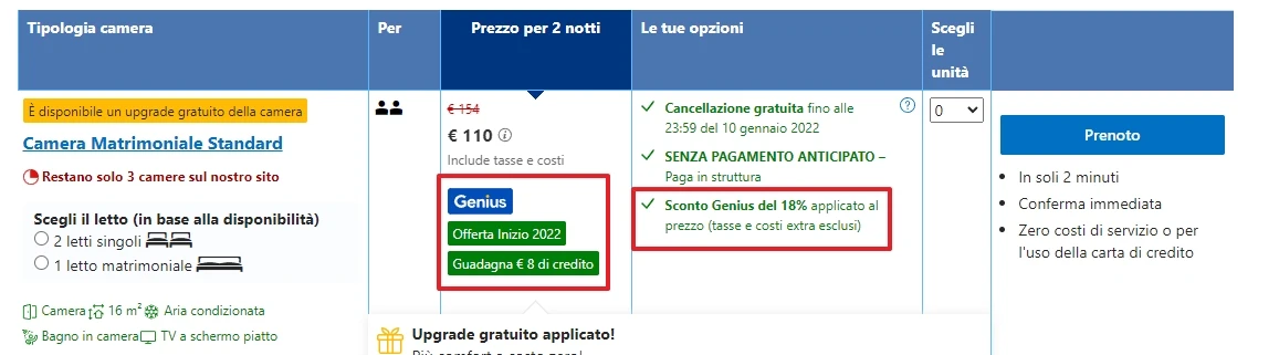Pagina di selezione della camera con sconto Genius del 18%, prezzo per 2 notti e opzioni di cancellazione gratuita.