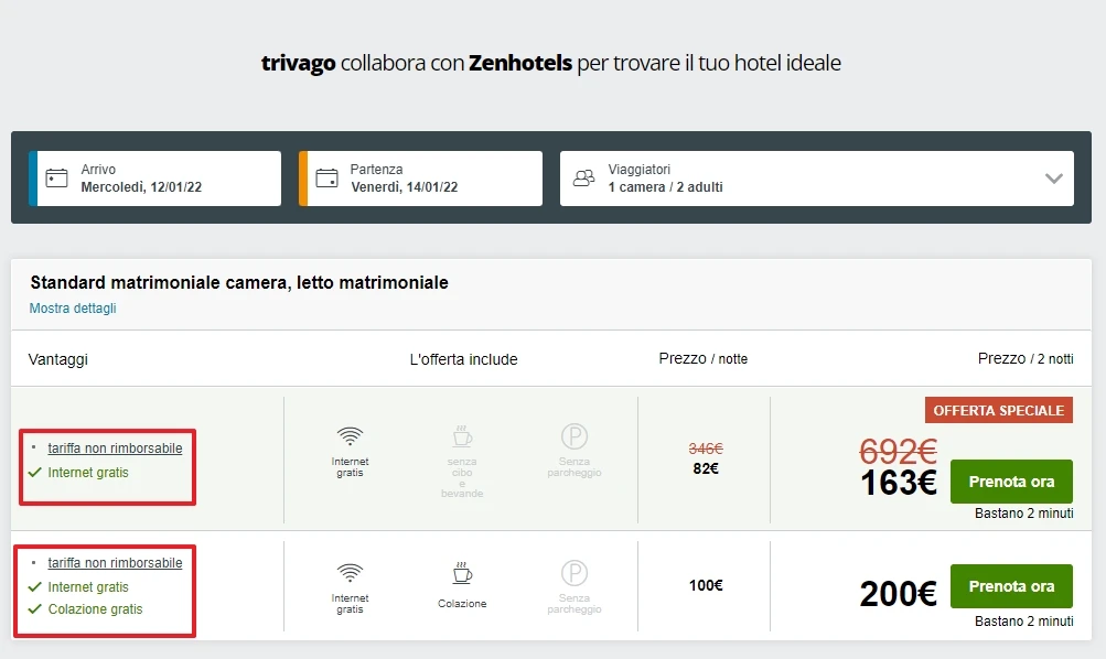 Schermata di prenotazione su trivago, mostra diverse tariffe non rimborsabili per camere matrimoniali con internet e colazione gratuiti.
