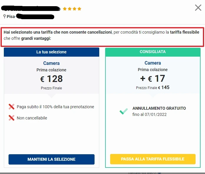 Schermata di prenotazione che suggerisce una tariffa flessibile, confronto tra una tariffa non cancellabile e una con annullamento gratuito.