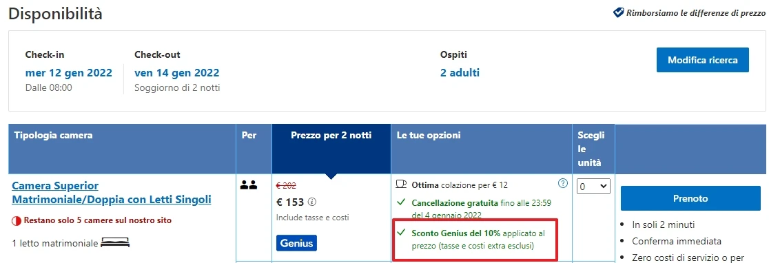 Pagina di disponibilità con sconto Genius del 10%, prezzo per 2 notti e opzioni di cancellazione gratuita.