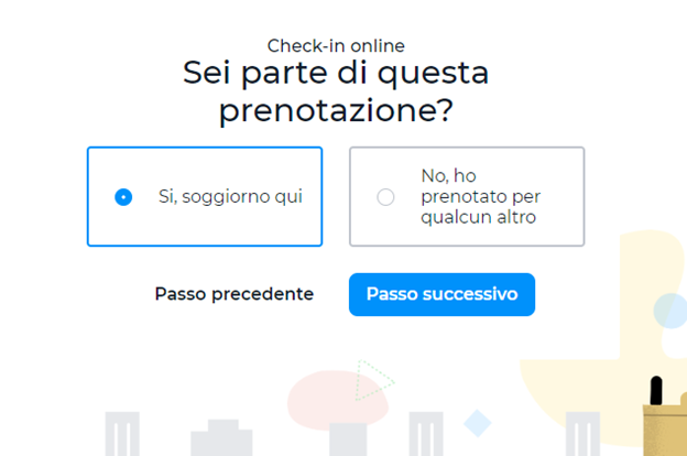 Domanda di check-in online che chiede se l'utente fa parte della prenotazione, con opzioni sì o no.