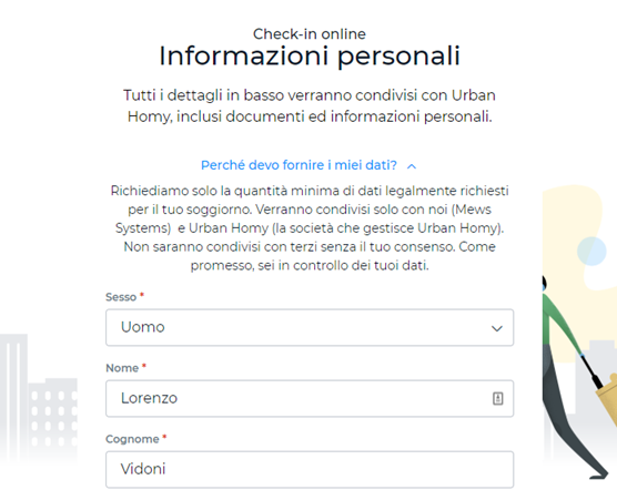 Pagina di check-in online con informazioni personali come sesso, nome e cognome per Urban Homy