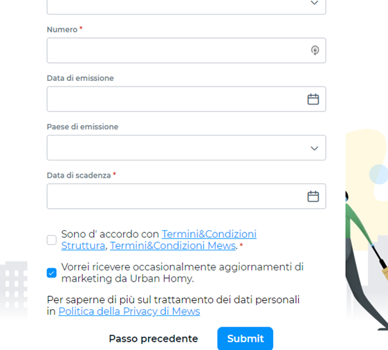 Sezione di check-in online per inserire i dati del documento, data di emissione, paese e scadenza.