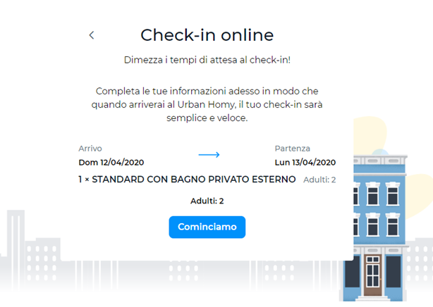 Pagina di check-in online che mostra i dettagli della prenotazione, con date di arrivo e partenza e tipo di camera.