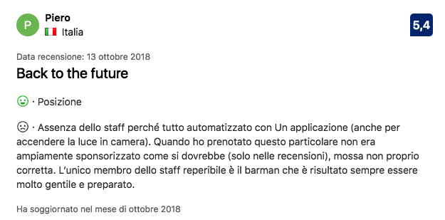 Recensione di Piero sul KViHotel con punteggio 5.4, criticando l'assenza di staff e l'uso dell'app per l'automazione.