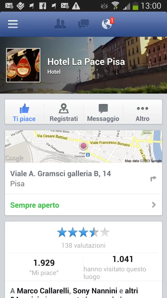 Pagina Facebook dell'Hotel La Pace Pisa con dettagli di contatto, mappa e valutazioni degli utenti.