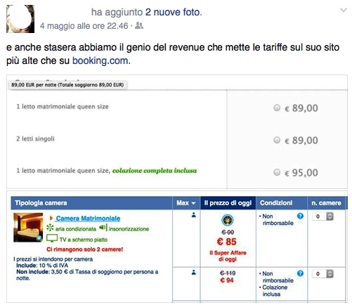 Post su Facebook che confronta le tariffe di un hotel sul sito ufficiale e su Booking.com, evidenziando una differenza di prezzo.
