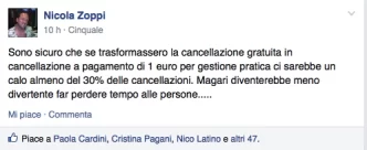 Post su Facebook di Nicola Zoppi riguardo la cancellazione a pagamento