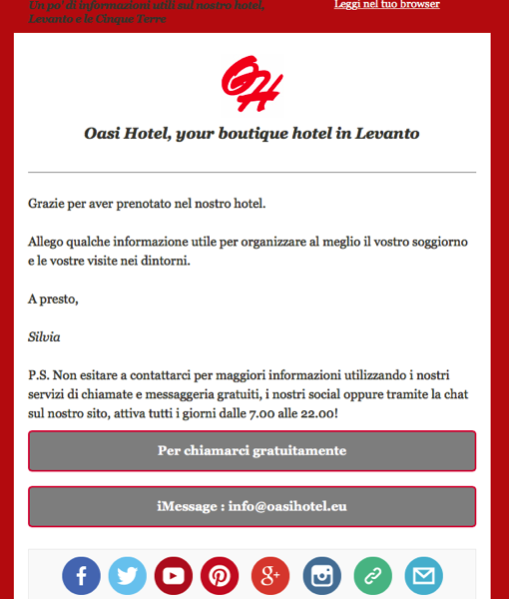 Email di Oasi Hotel con informazioni utili per il soggiorno e contatti per assistenza tramite chiamata o messaggistica.