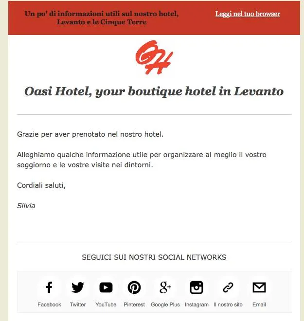 Oasi Hotel, messaggio di ringraziamento per la prenotazione effettuata.