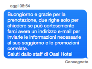 Messaggio di ringraziamento da Oasi Hotel che richiede l'indirizzo email del cliente per inviare informazioni sul soggiorno.