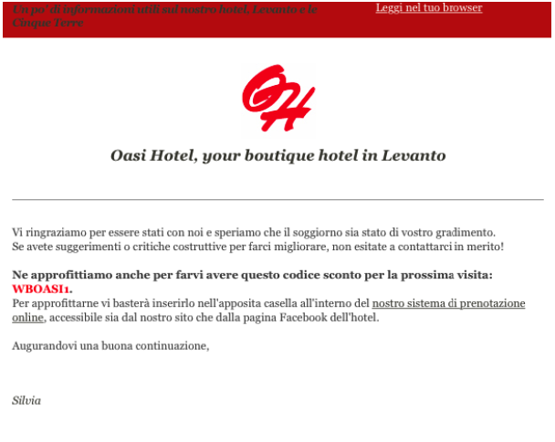 Email di Oasi Hotel ringraziando gli ospiti per il soggiorno e offrendo un codice sconto per la prossima visita.