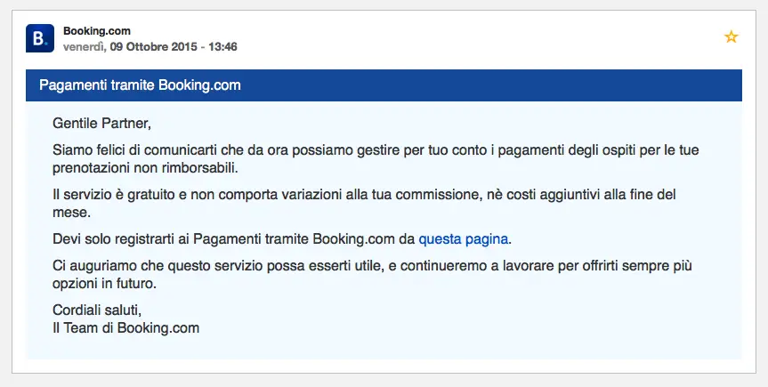 Email di Booking.com che annuncia la gestione dei pagamenti degli ospiti per prenotazioni non rimborsabili.