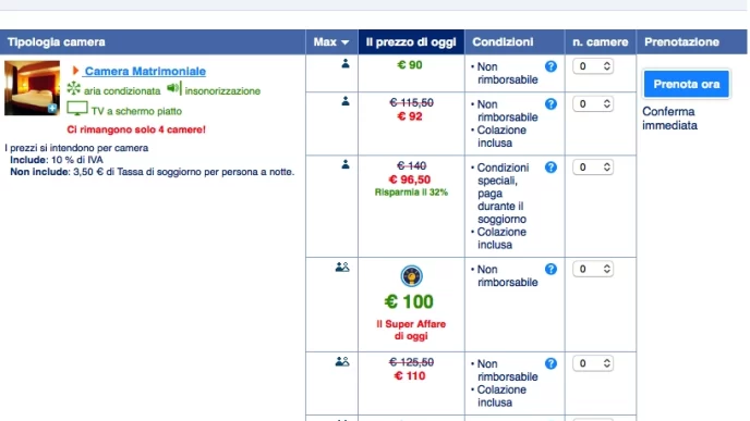 Pagina di prenotazione su Booking.com con diverse opzioni di camere e tariffe per un soggiorno di una notte.