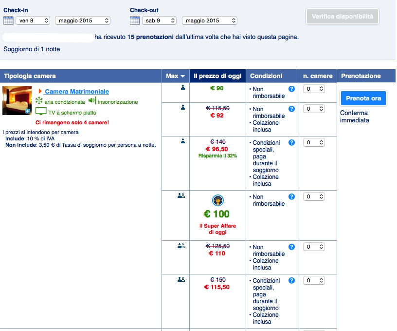 Pagina di prenotazione su Booking.com con diverse opzioni di camere e tariffe per un soggiorno di una notte.