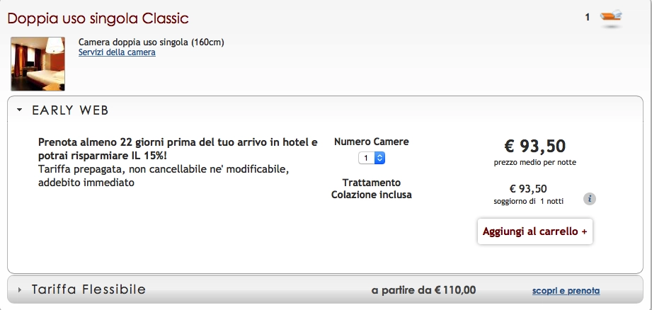  Offerta early booking di un hotel per una camera doppia uso singola, con sconto del 15% per prenotazioni anticipate.
