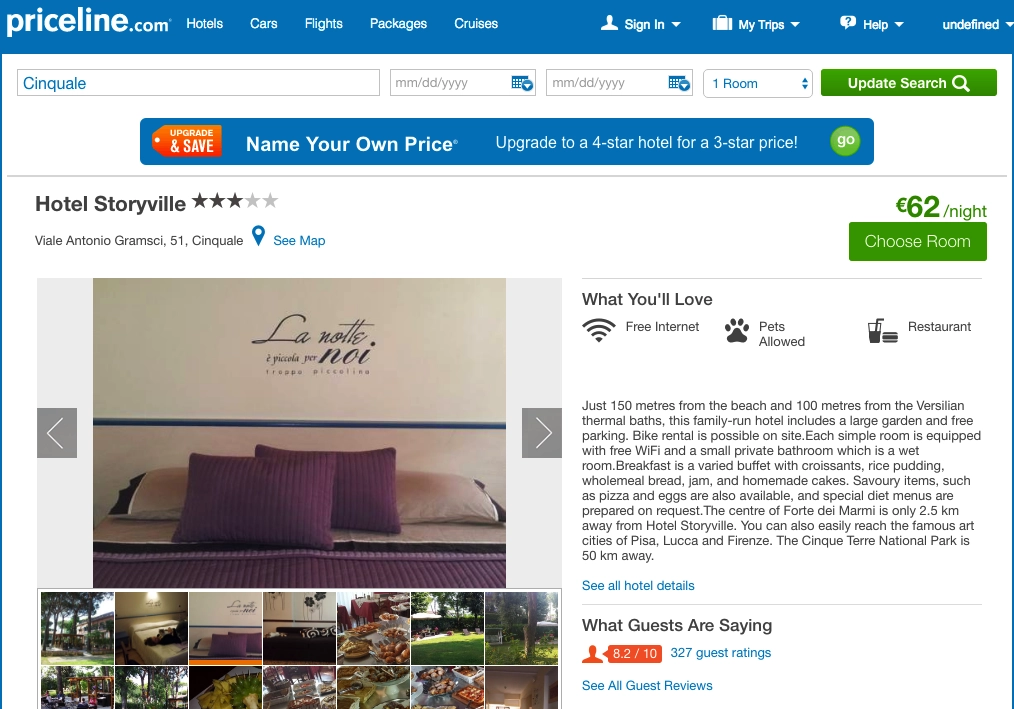 Pagina di Priceline per l'hotel Storyville con foto e descrizione della struttura.