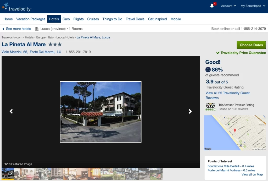 Pagina di Travelocity con dettagli e recensioni per l'hotel La Pineta Al Mare.