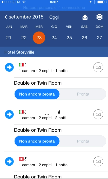 Schermata di prenotazioni su Pulse di Booking.com per il 23 settembre 2015, con stato delle camere.