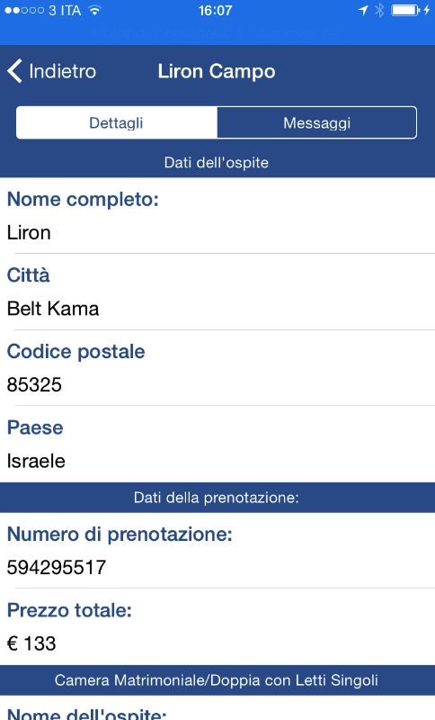 Dati dell'ospite su Pulse di Booking.com con informazioni di contatto e dettagli della prenotazione.