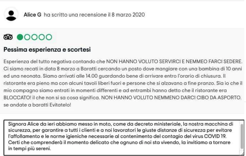 Recensione negativa su TripAdvisor di Alice G e risposta del ristorante che spiega le misure di sicurezza adottate.