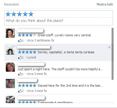 Schermata di recensioni con commenti e valutazioni da parte degli utenti per un hotel, inclusa una recensione recente.