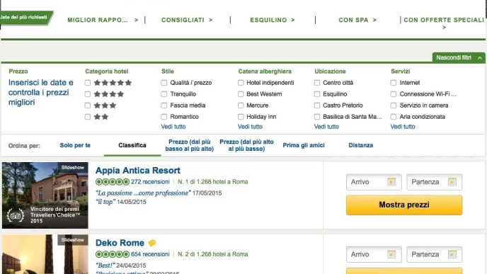Lista dei migliori hotel a Roma con Appia Antica Resort al primo posto, seguito da Deko Rome e Portrait Roma.