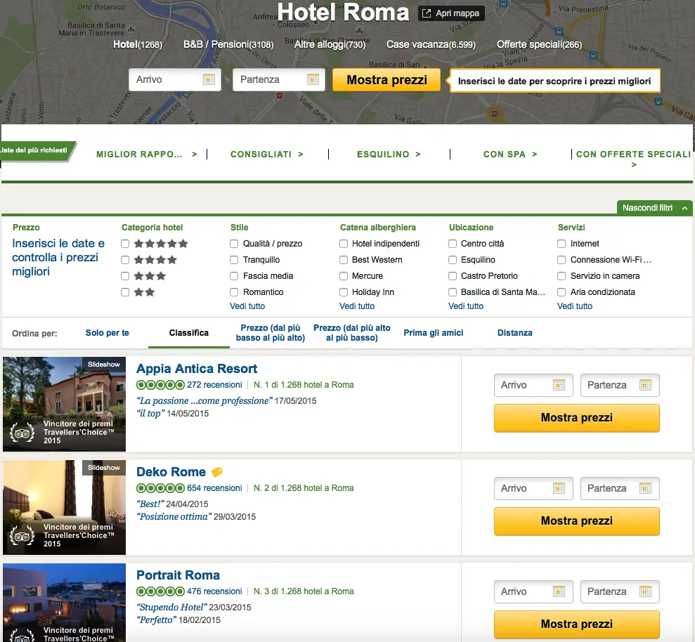 Lista dei migliori hotel a Roma con Appia Antica Resort al primo posto, seguito da Deko Rome e Portrait Roma.