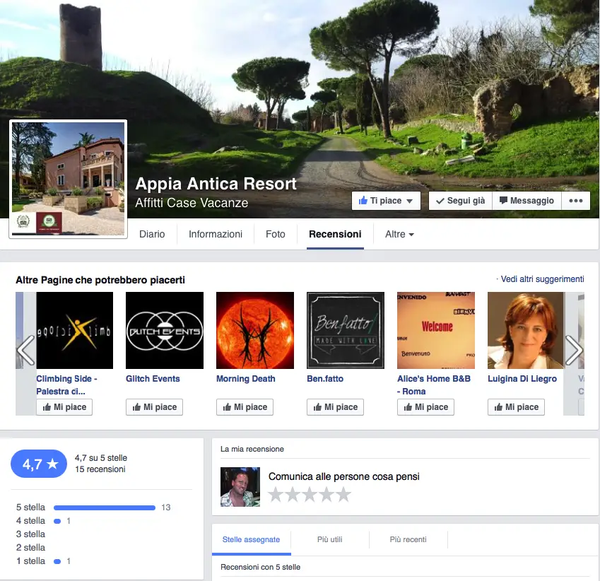 Pagina delle recensioni di Appia Antica Resort su Facebook, valutata 4,7 stelle su 5 da 15 recensioni.