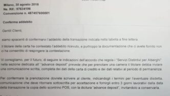 Lettera di conferma addebito da parte di un istituto bancario con istruzioni per prenotazioni future e gestione di advance deposit.