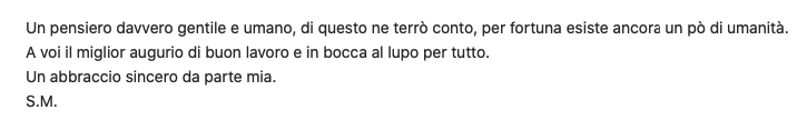 Messaggio di ringraziamento di S.M. per il pensiero gentile e umano ricevuto dall'hotel.